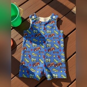 Handmade Blue Baby Romper with Truck Print Sz 12M